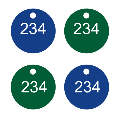 lasergravierte Aluplakette, grün oder blau, mit gelaserter Nummer