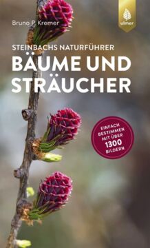 Buchcover Steinbachs Naturführer Bäume und Sträucher, Foto von Ast mit roten Lärchenblüten.